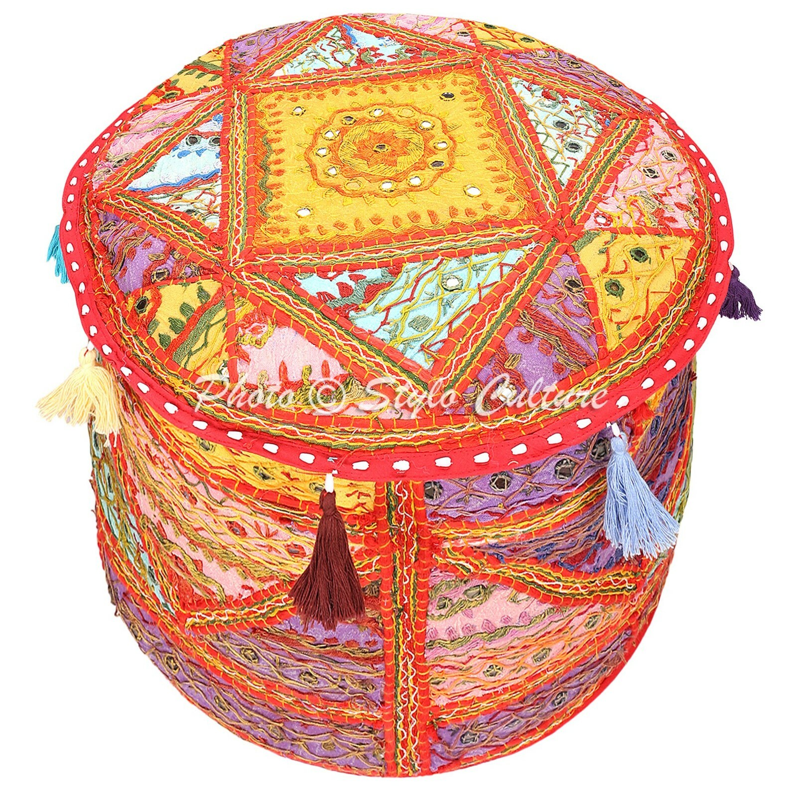 Ethnic Round Pouf Cover Embroidered Patchwork Mirrored Ottoman Bohemian 18″