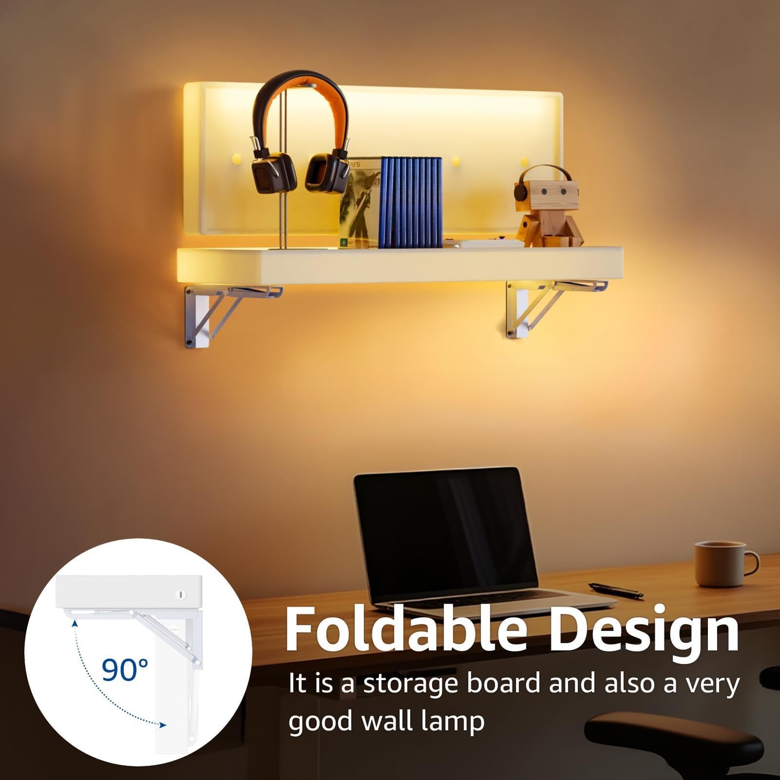 Floating Shelves with LED Lights – Foldable Wall Shelves Glowing Warm White, …