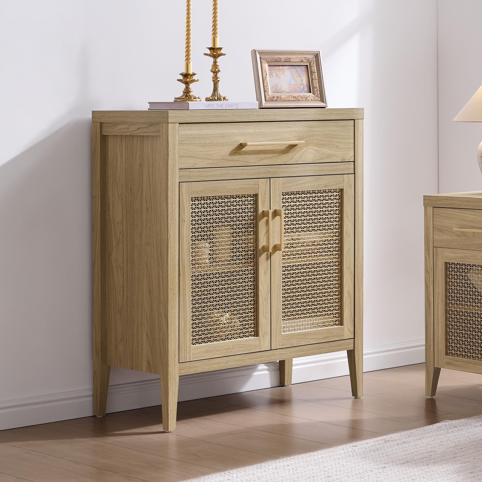 30in Sideboard Buffet Cabinet Coffee Bar Gold Mesh Doors Drawer Light Walnut