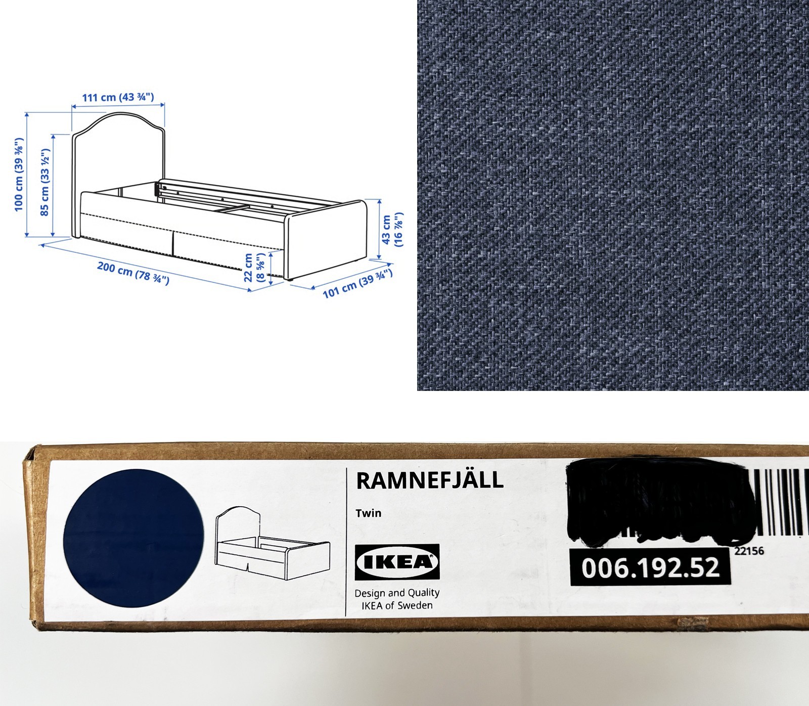 Ikea RAMNEFJÄLL Cover for bed frame, Kilanda dark blue, Twin 006.192.52 OPEN BOX