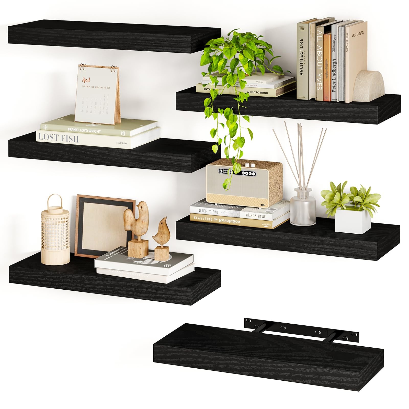 Fixwal 15.8in Black Floating Shelves, Set of 6 Wood Shelves, Farmhouse Shelf