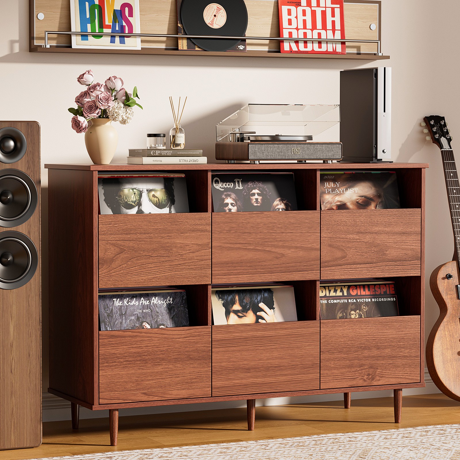 BROTTAR 2-Tier Large Record Player Stand Media Console Vinyl Storage Organizer