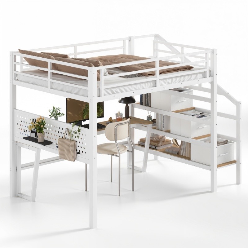 Full Size Metal Loft Bed with Storage Stairs,Movable Desk & Pegboard Kids Teens