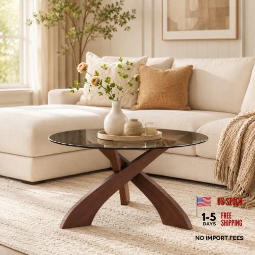 Walnut Round Glass Coffee Table, 30.7″ with Tempered Glass Top, Walnut Round