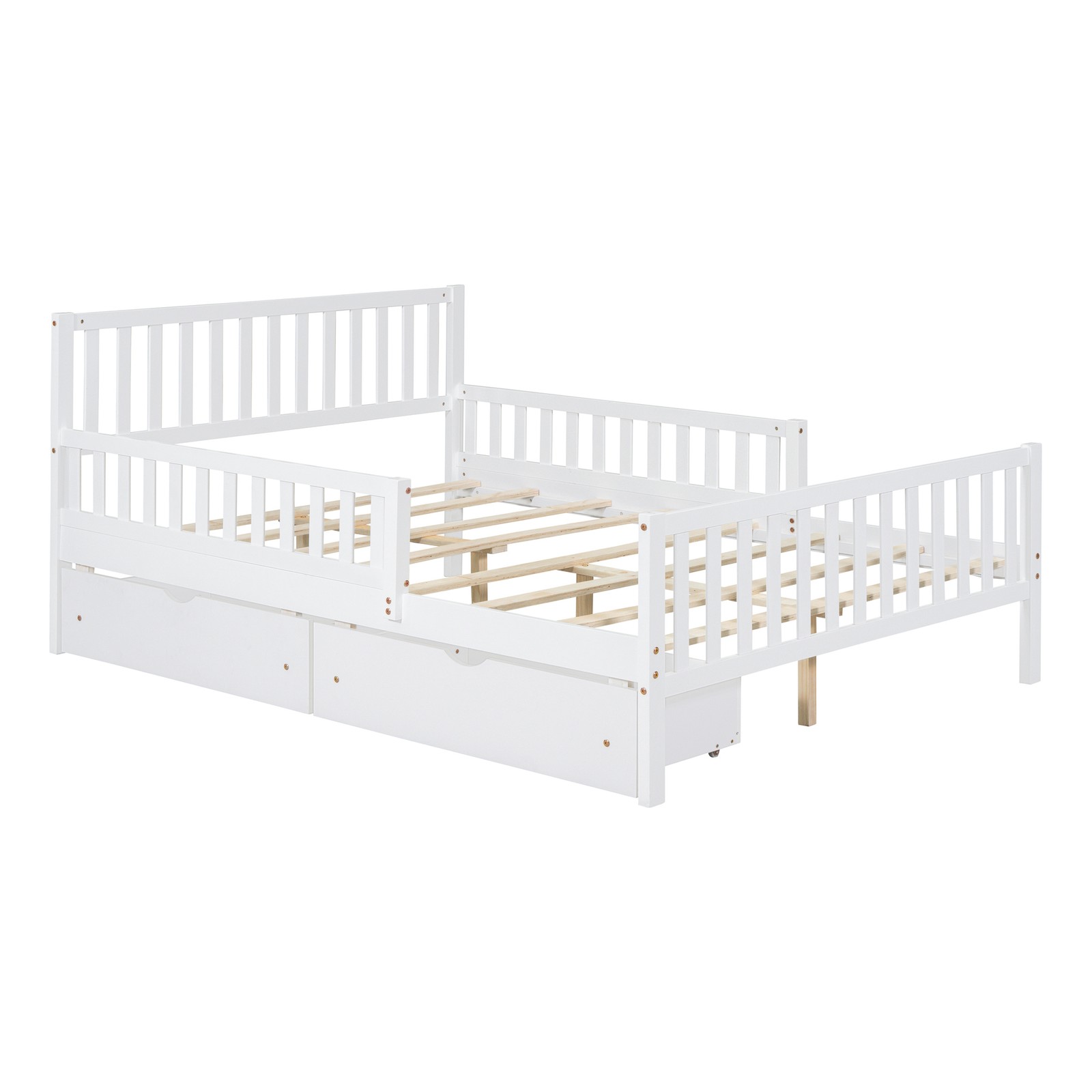 Full Size Bed Frame w/ Guardrails on Both Sides Two Storage Drawers White Wood