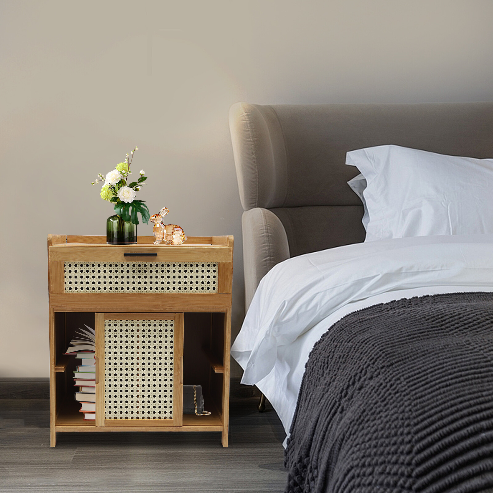 Nightstand Bamboo End Table Bedside Table w/Drawer & Shelf Bohemian Storage Rack