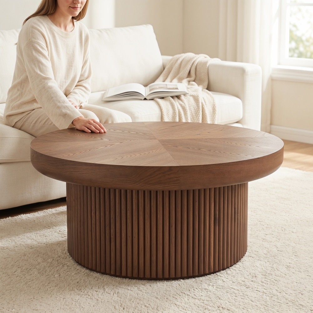 33.5″ Round Fluted Coffee Table, Wood Parquet Top Cylindrical Base, Walnut