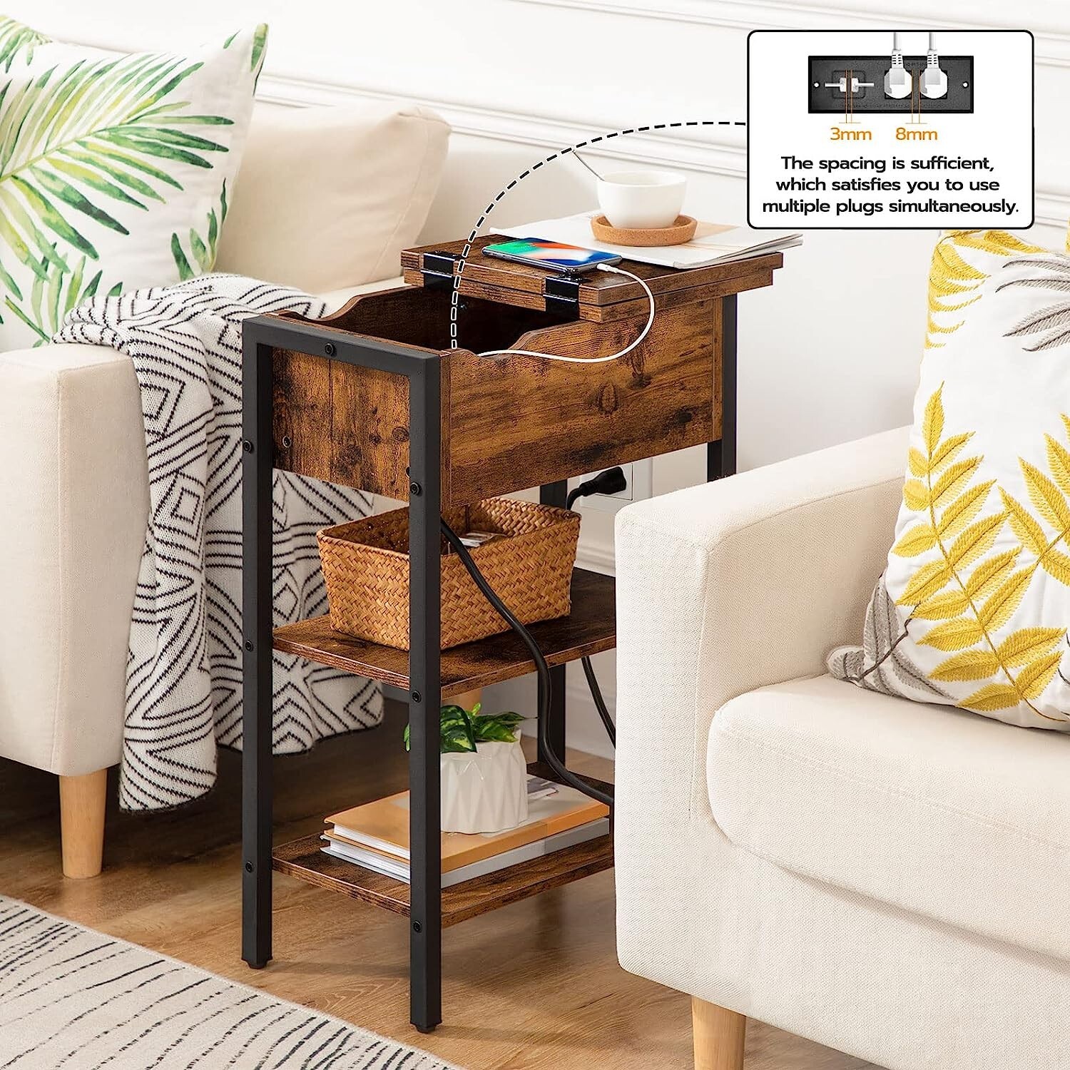 Versatile Rustic Side Table with Charging Station – USB Ports and Outlets