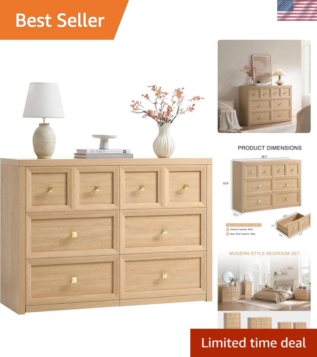 6 Drawers Dresser for Bedroom-46.5″ Wide Wooden Chest of Drawers with Large S…