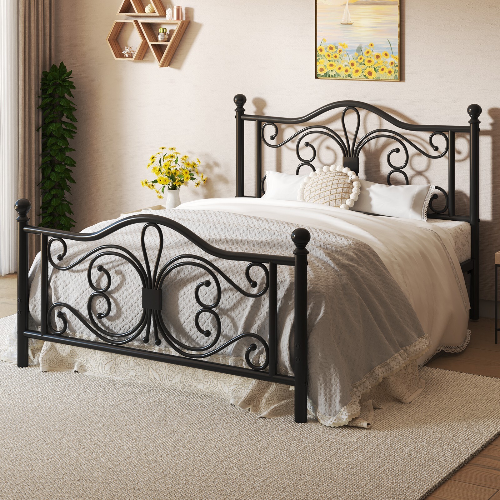 Queen/Twin/Full Metal Platform Bed Frame with White Headboard & Footboard