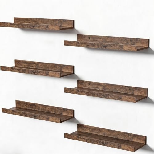6 Pack Wooden Floating Shelves, Wall Storage Decor Shelf for 15.7in Brown