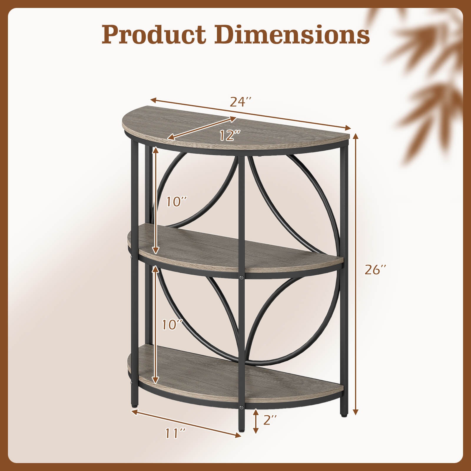 3-Tier Half Round End Table Set of 2 w/Study Metal Frame, Storage Shelves