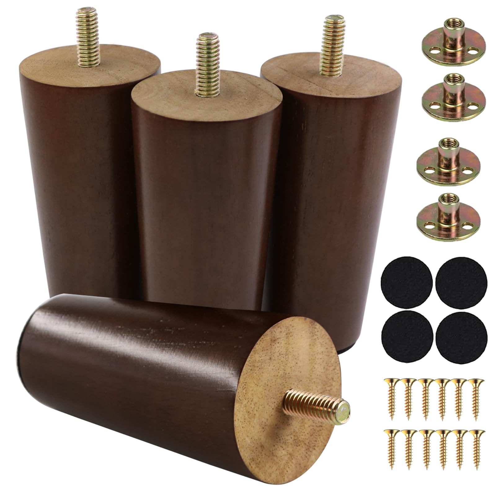 4 Inches Round Solid Wood Furniture Legs Set of 4, Brown Wooden Feet with Thr…