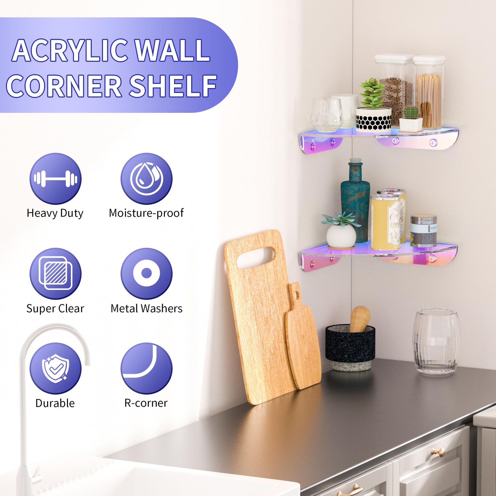 Sezanrpt 7×7 Inch Corner Shelf Wall Mount Set of 2, Iridescent Acrylic Corner…