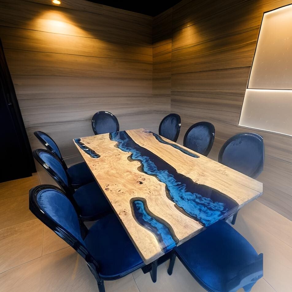 Blue River Epoxy Dining Table Top, Live edge Wooden Epoxy Office Desk Furniture