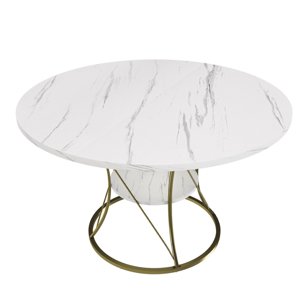 Round dining table, extendable, equipped with storage shelf and metal base
