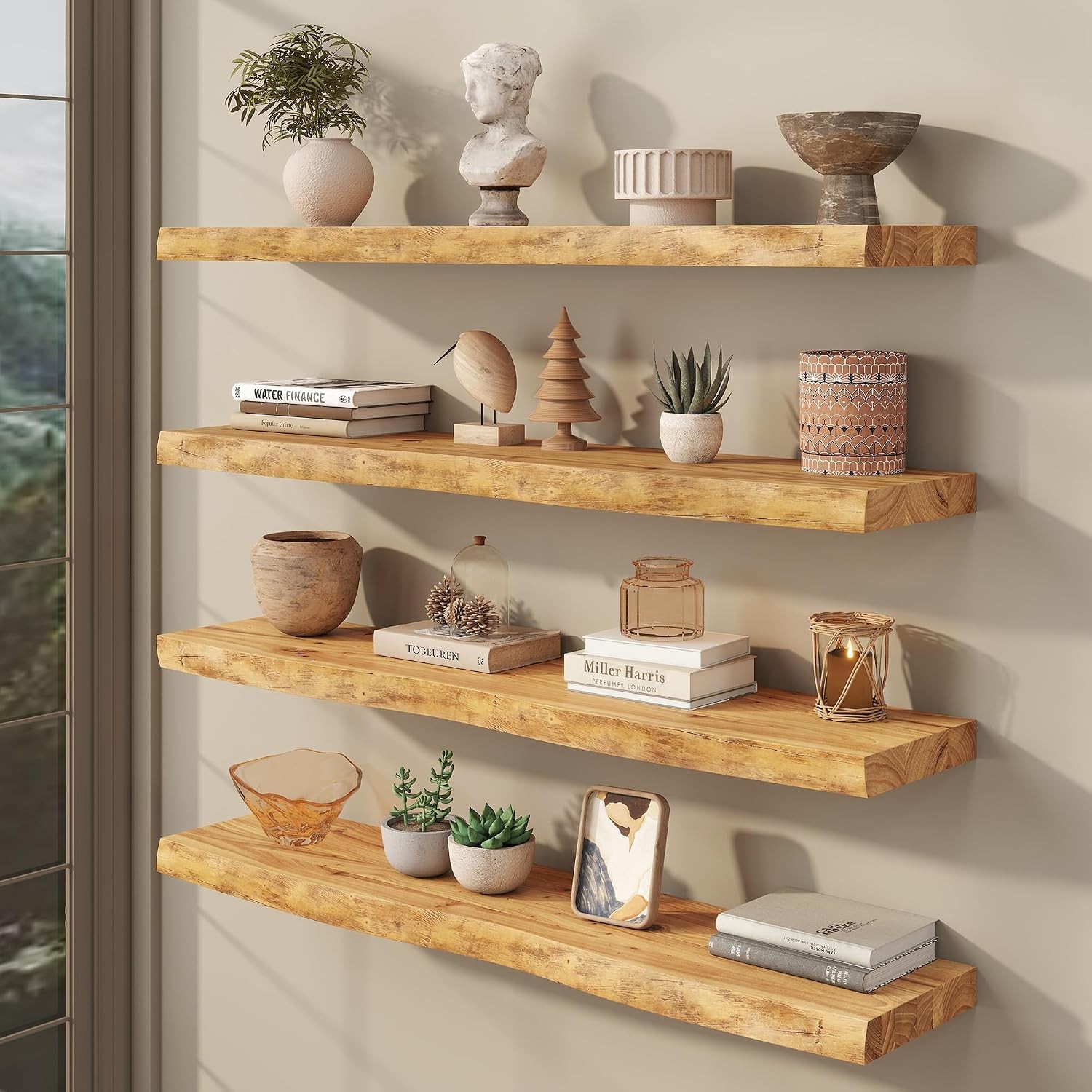 Live Edge Floating Shelves Wall 40 inch 8 Inch Deep Solid Elm Wood Floating Wall