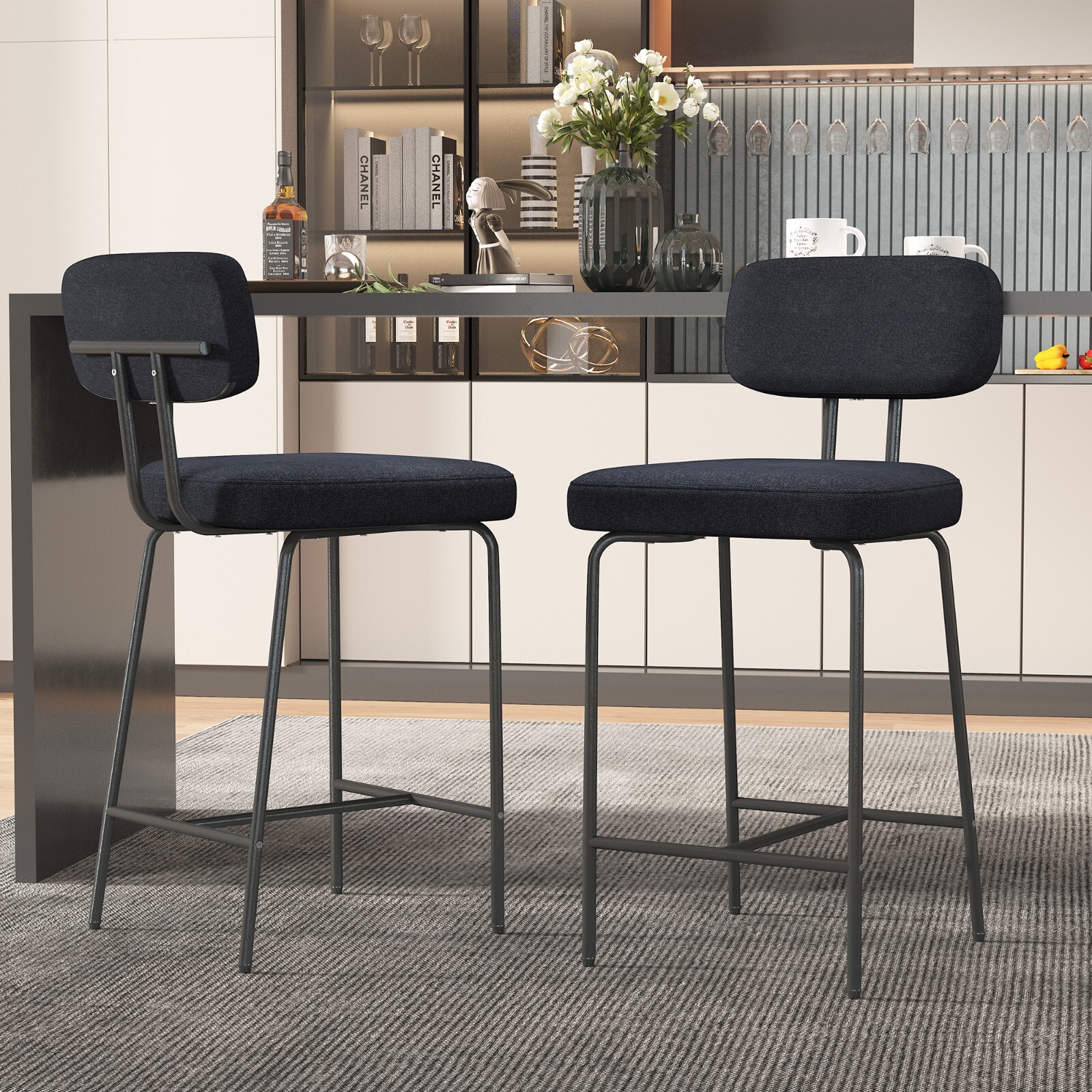 Set of 2 Upholstered Barstools Linen Fabric Counter Height Stools for Kitchen