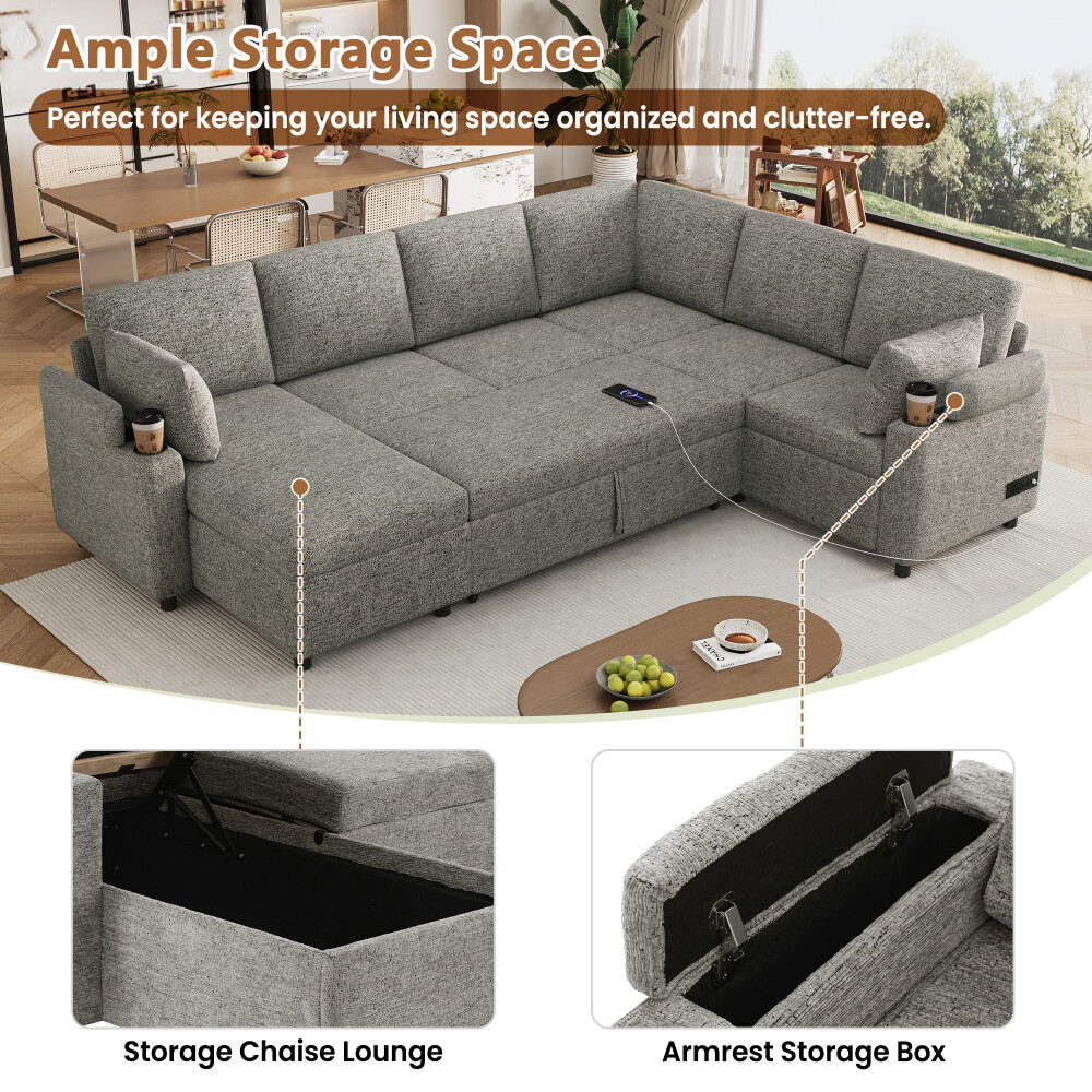 109.9″ Sectional Sofa Bed U-shaped Sofa with Storage, Cup Holders, Light Grey