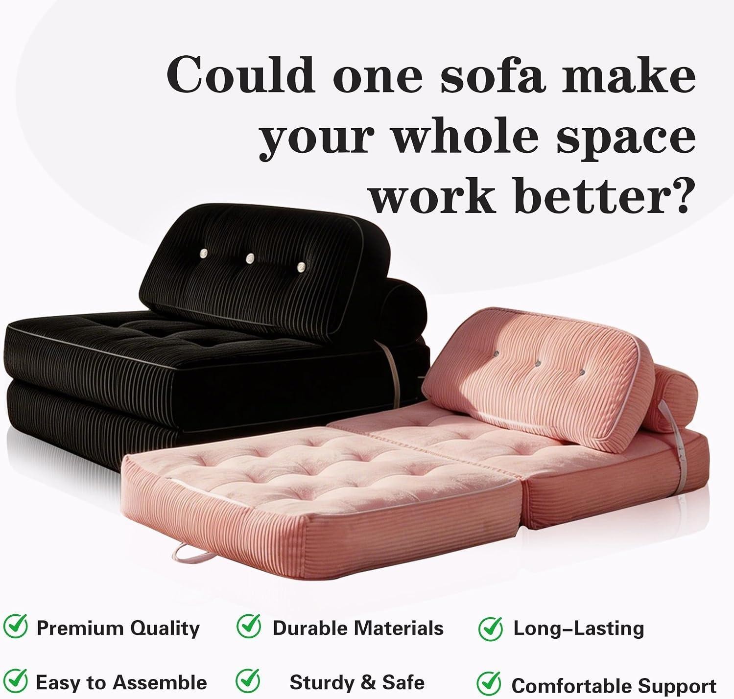 Folding Sofa Bed, Flannel Futon Couch Bed with Pillow and Blanket, Convertible