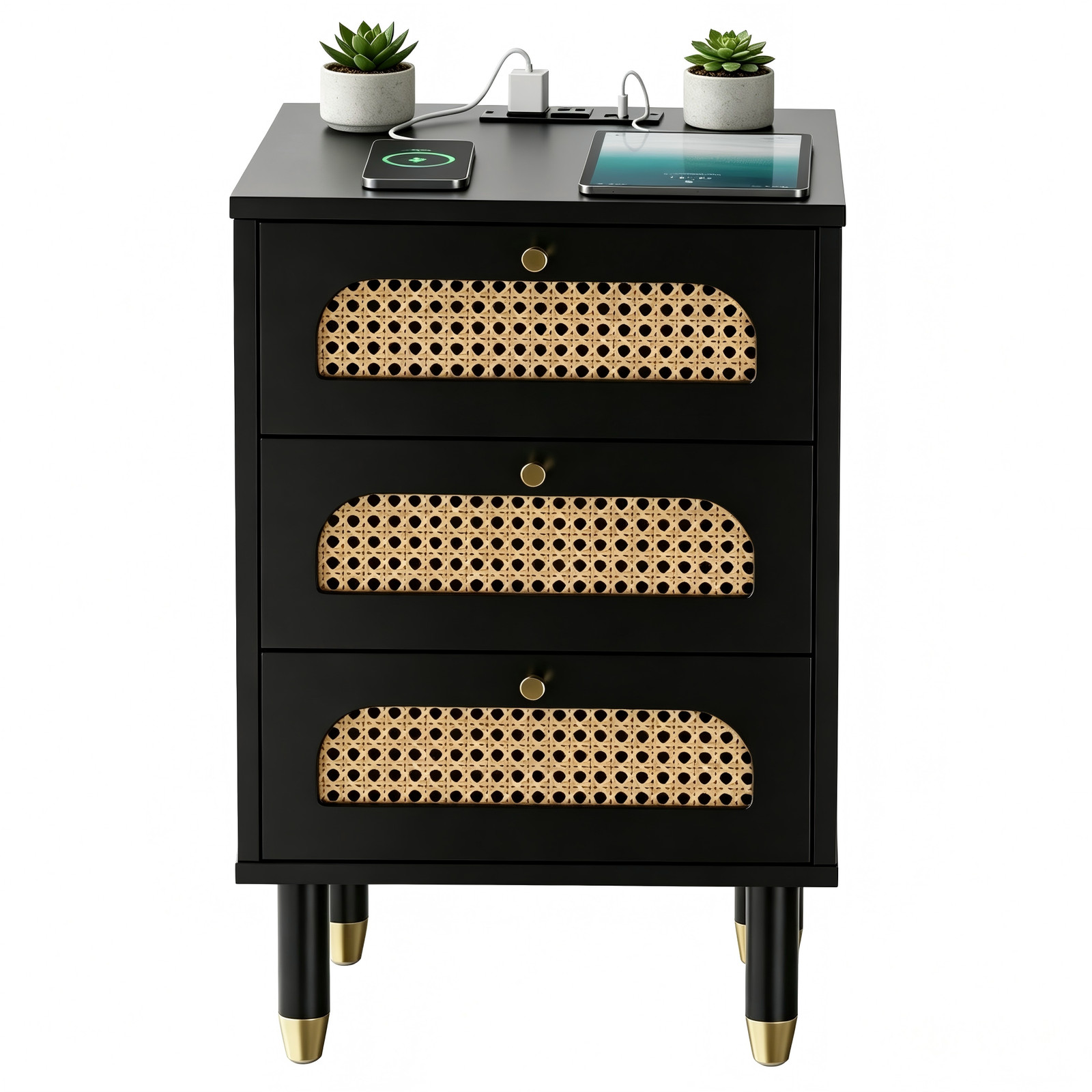 3-Drawer Nightstand with Woven Rattan Fronts and Built-in Power Outlet