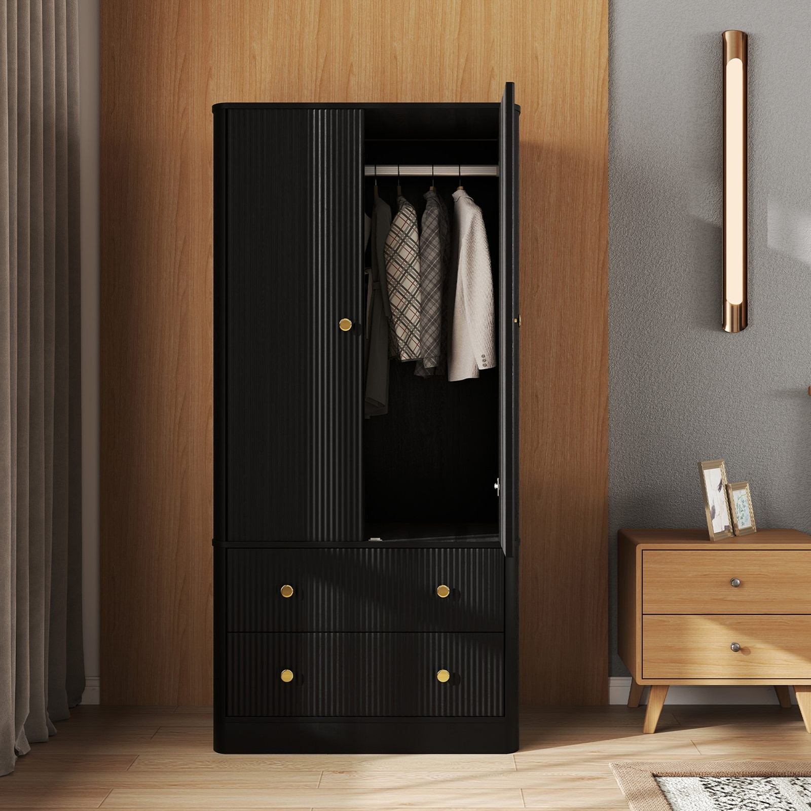 Wood Armoire Wardrobe Hanging Rod Closet Storage Cabinet Clothes Organizer