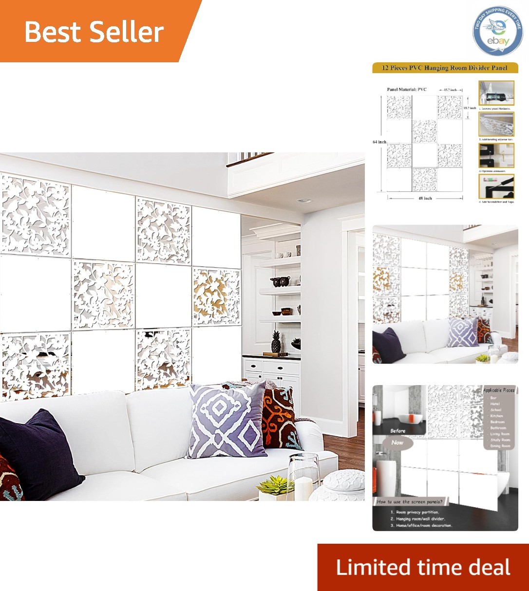 12-Piece Art Deco White PVC Room Divider Panels, Elegant Privacy Solution