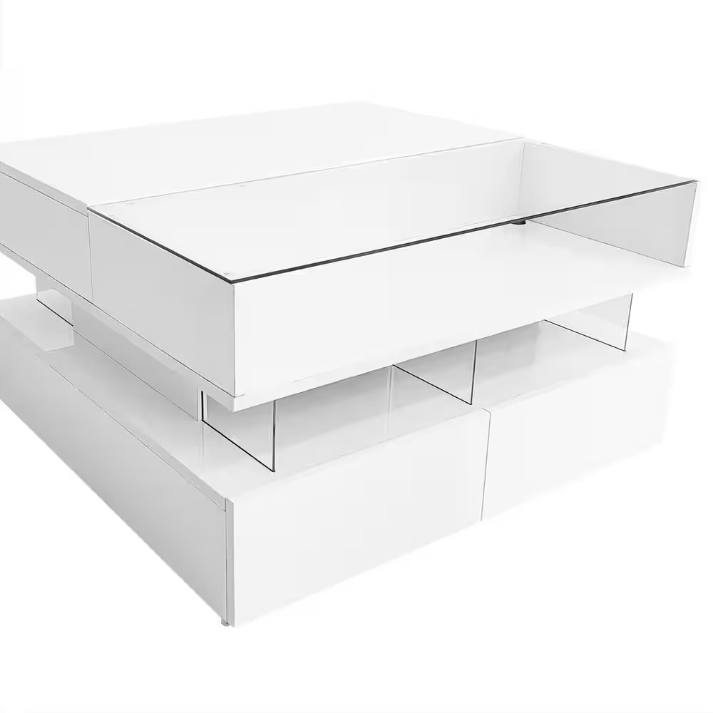 29.5 In. White Lift-Top Square Glass Top Coffee Table with 2 Drawers, High-Gloss