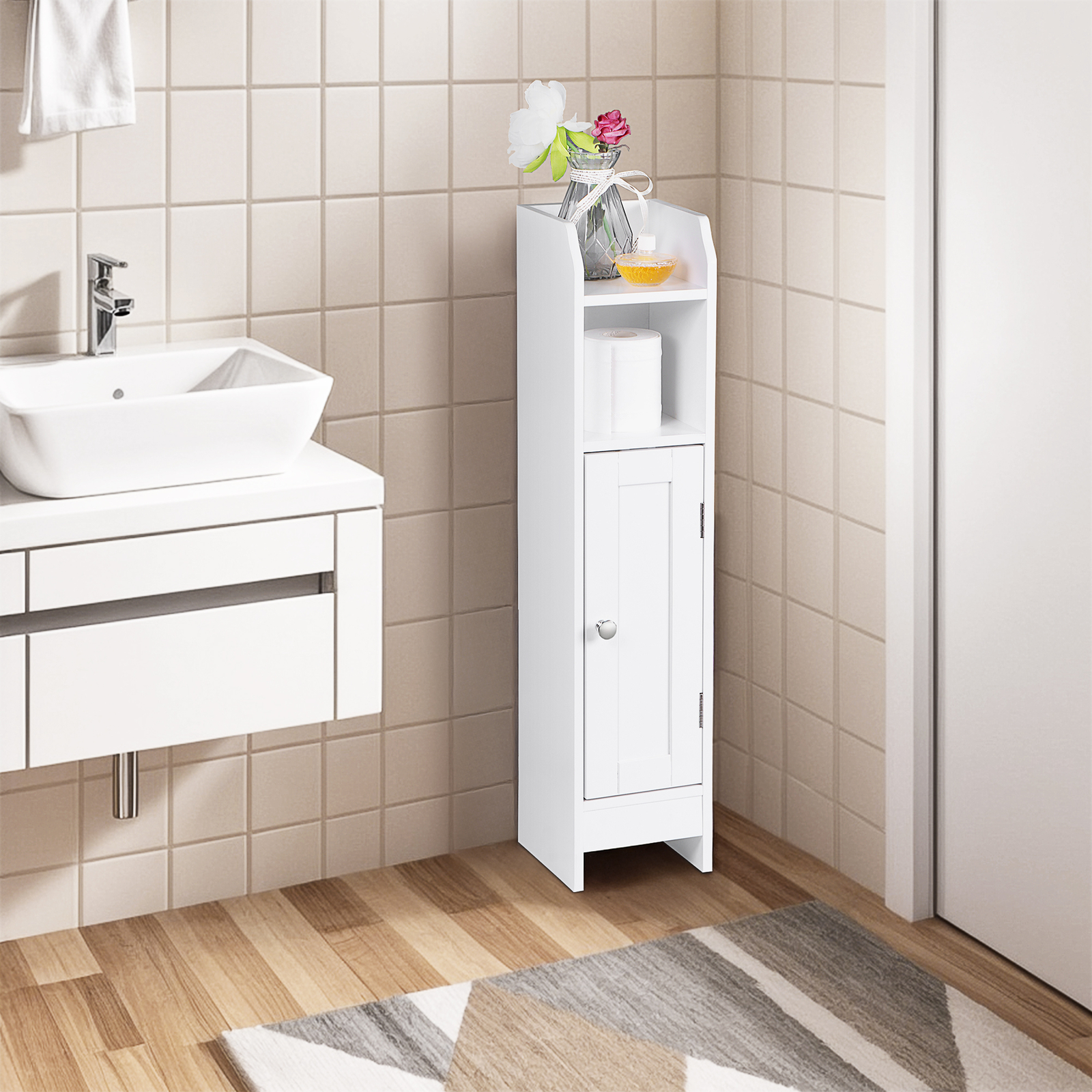 Narrow Bathroom Storage Corner Floor Toilet Cabinet w/ Door & Adjustable Shelves