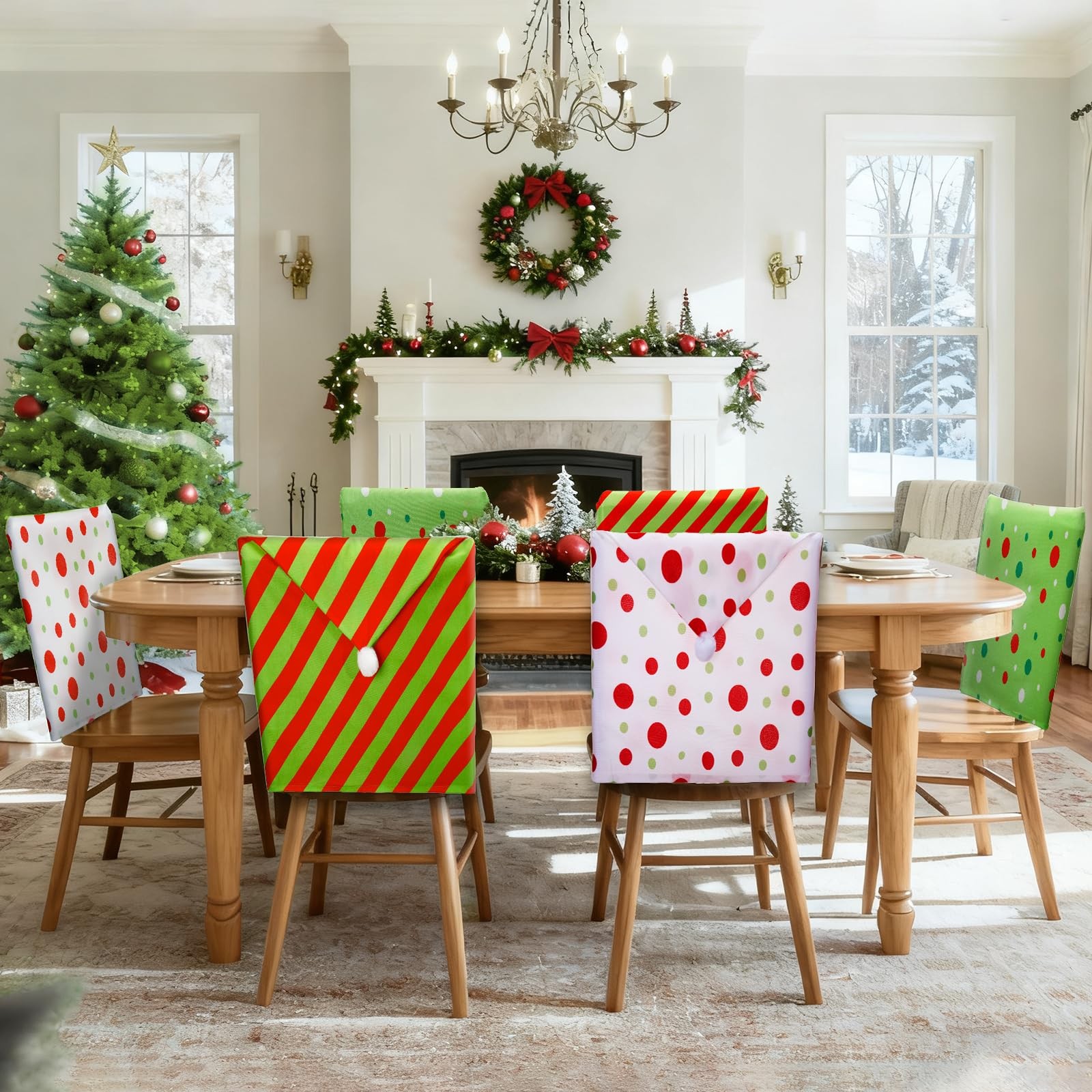 23.6×19.6 Inch Red Green Christmas Chair Covers Set of 6 Plush Santa Hat Chai…