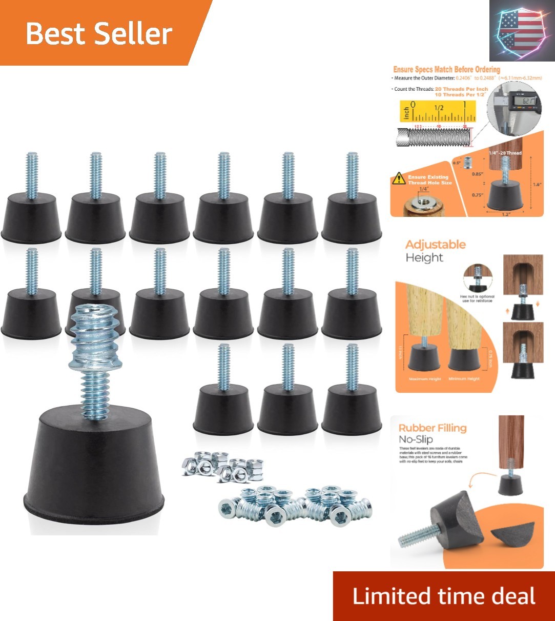 Adjustable 1/4″ Rubber Threaded Furniture Levelers – 16 Pack | Screw-in Table…