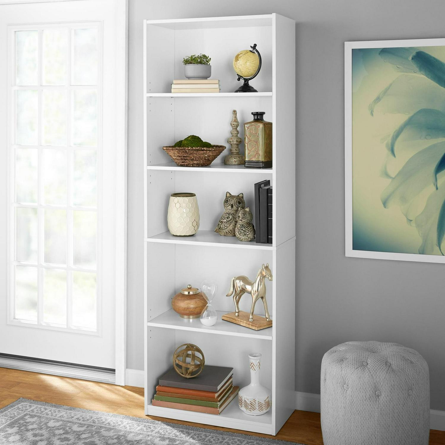 White Bookcase 5-Shelf Adjustable Shelves Wide Storage Bookcase Closed Back Tier