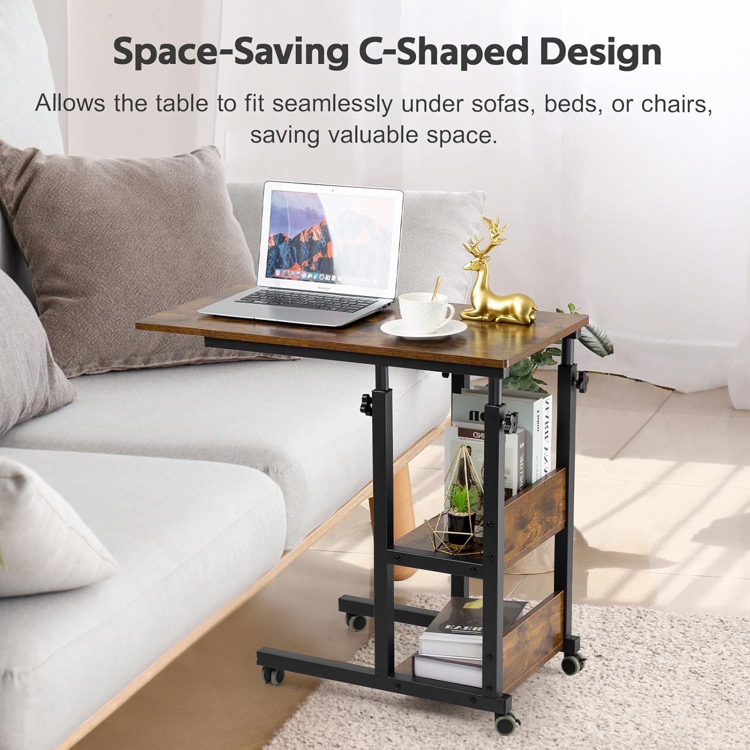 Hadulcet C Shaped Side Table Adjustable, Height Adjustable C Romantic Brown