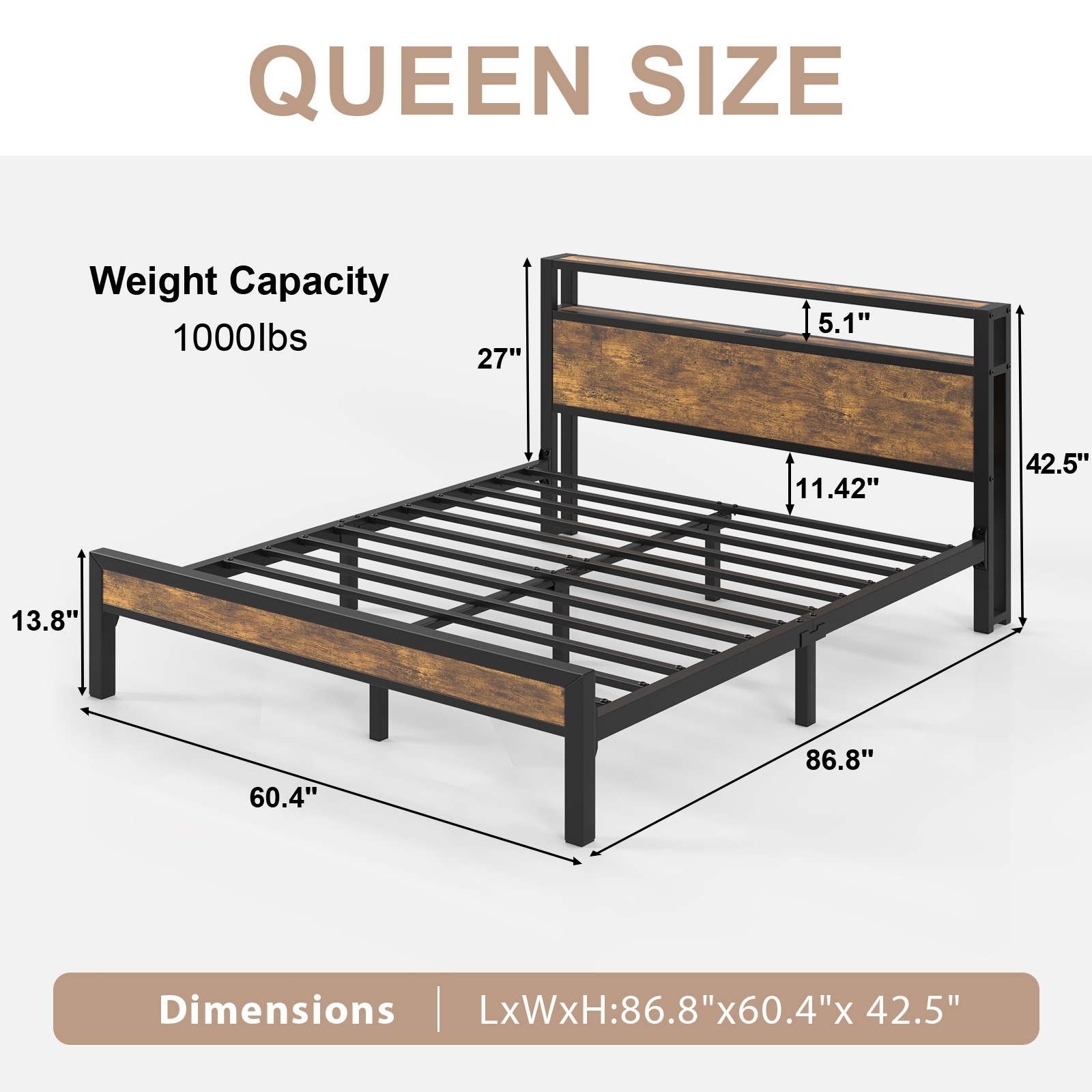LED Light Bed Frame with 2-Tier Storage Headboard and Charging Station/Grey
