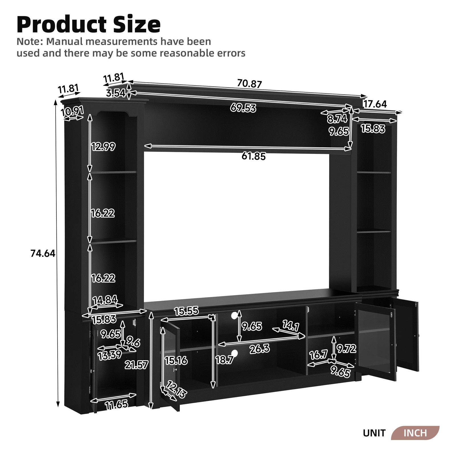 Modern TV Stand with Bookcase for TVs Up to 65″, 4 Shelves, Glass Doors