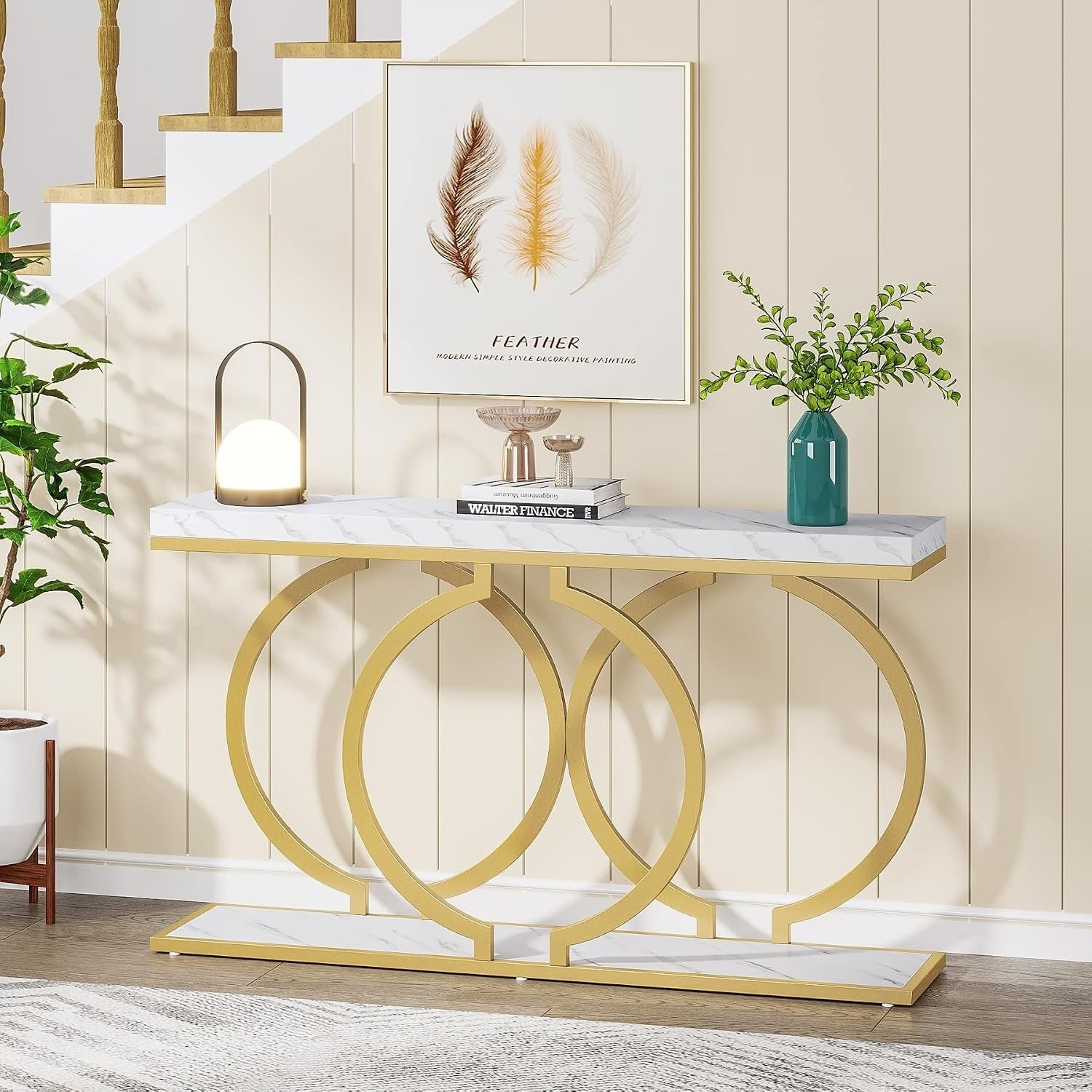 55″ Console Table, Narrow Entryway Sofa Table with Geometric Metal Frame