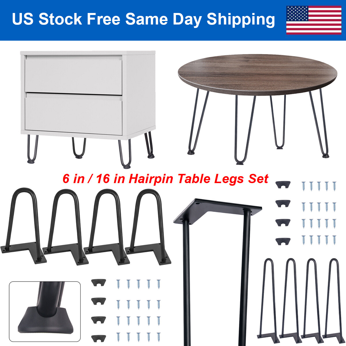 16 in / 6 in Hairpin Table Legs Set of 4 Metal 3 Rods Heavy Duty DIY Desk Stand