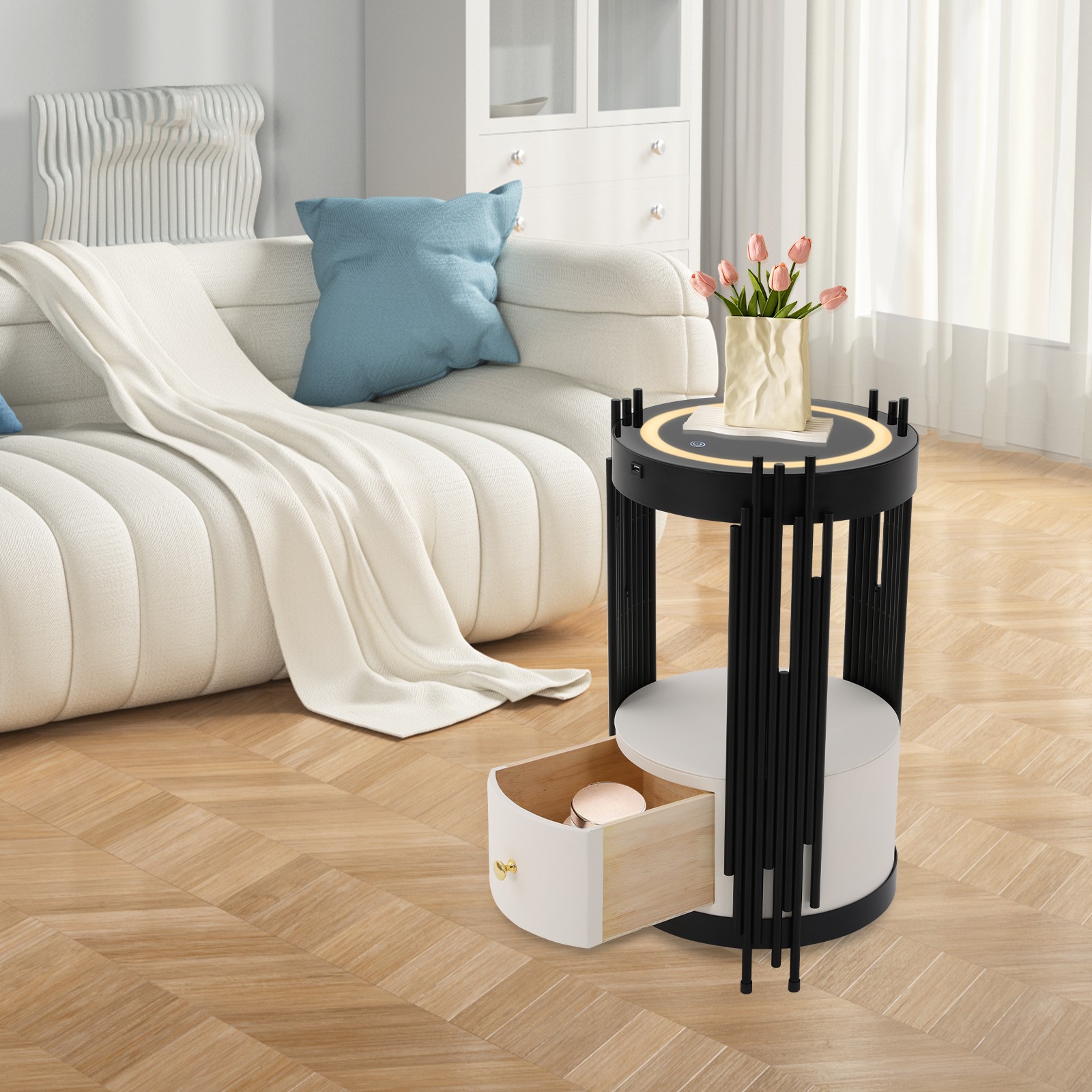 LED Bed Side Table Smart Nightstand w/ Wireless Charging Station Side/End Table