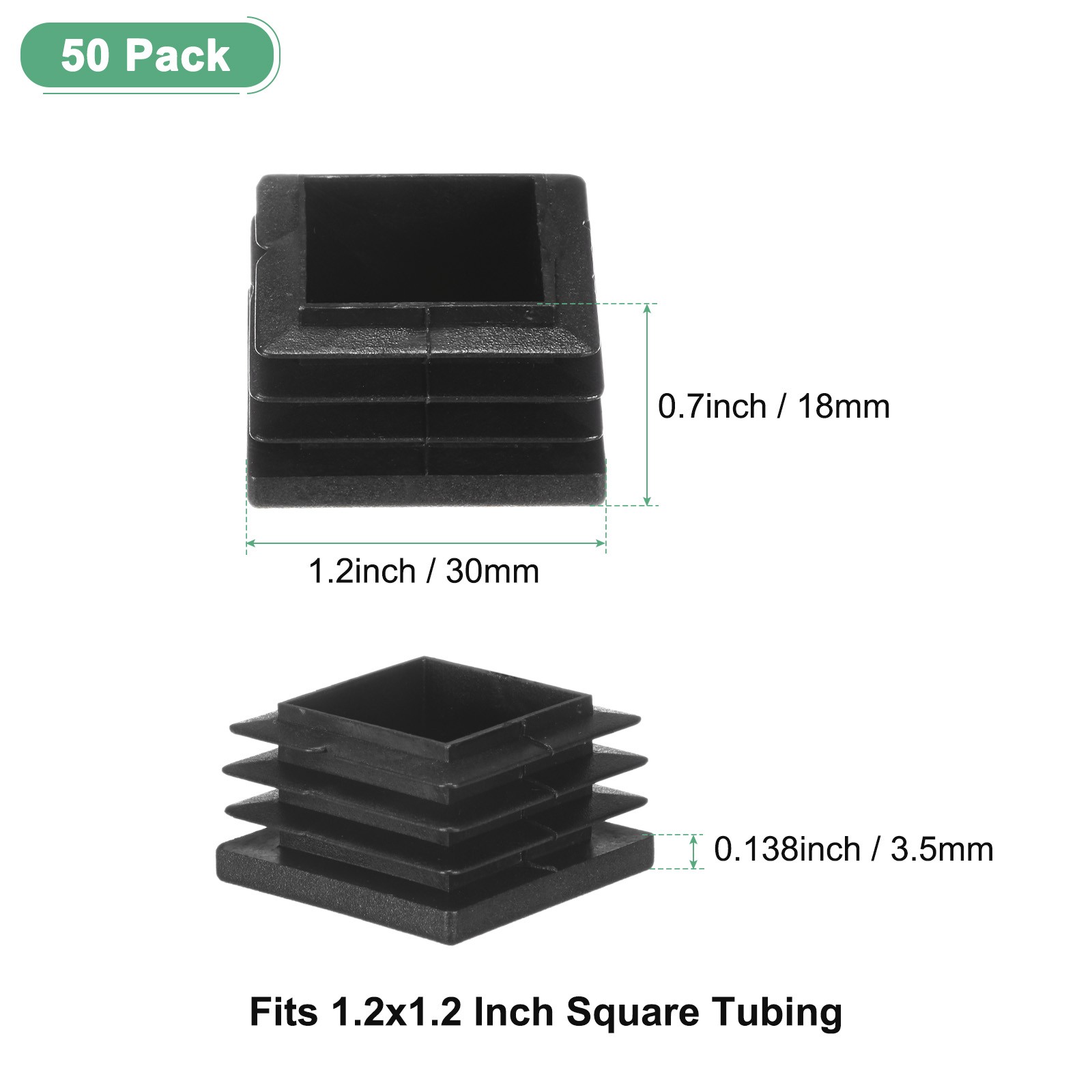 50-Pack Square Tubing End Caps, 1.2Inch/30mm Plastic Tube Plugs [Black]