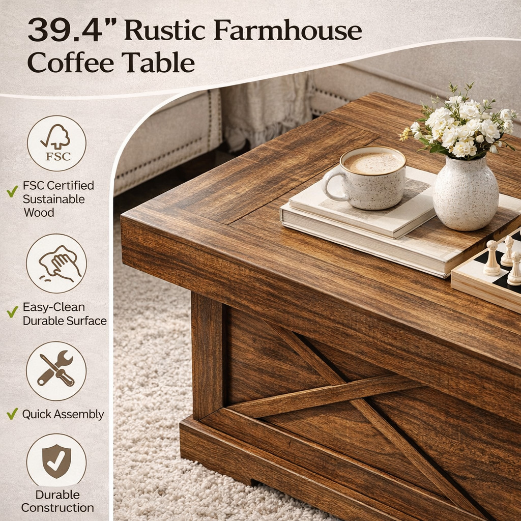 Rustic Square Coffee Table 39.4″ Dark Oak Black for Living Room & Modern Office