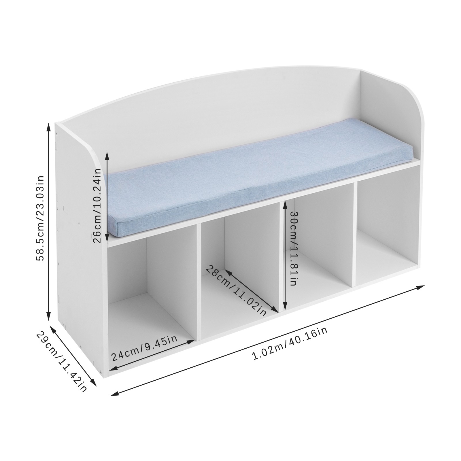  40.16*11.42*23.03in PVC& Cloth& Sponge White Storage Bookshelf W/ Soft Cushion