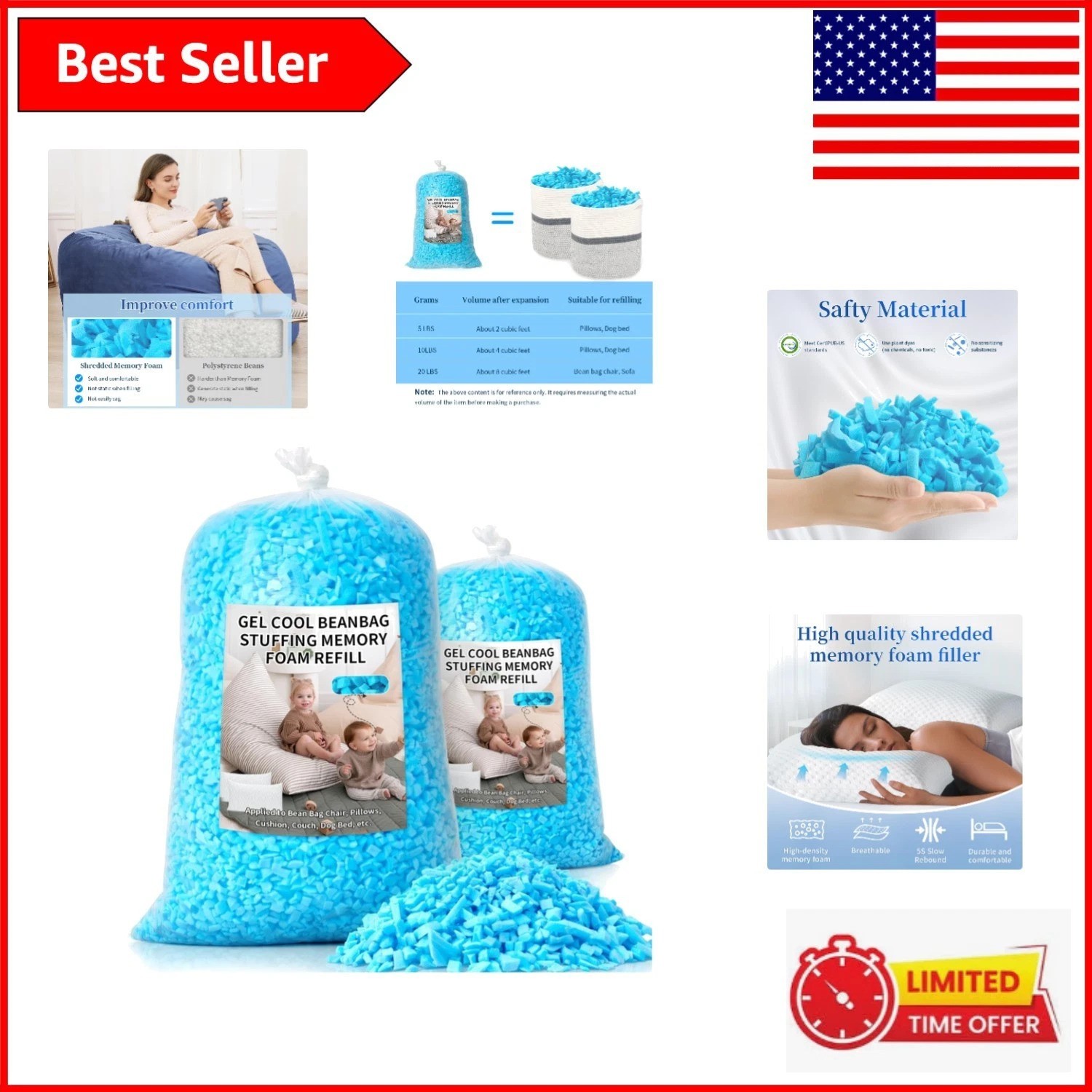 10lbs Shredded Memory Foam Bean Bag Filler – Safe & Comfortable