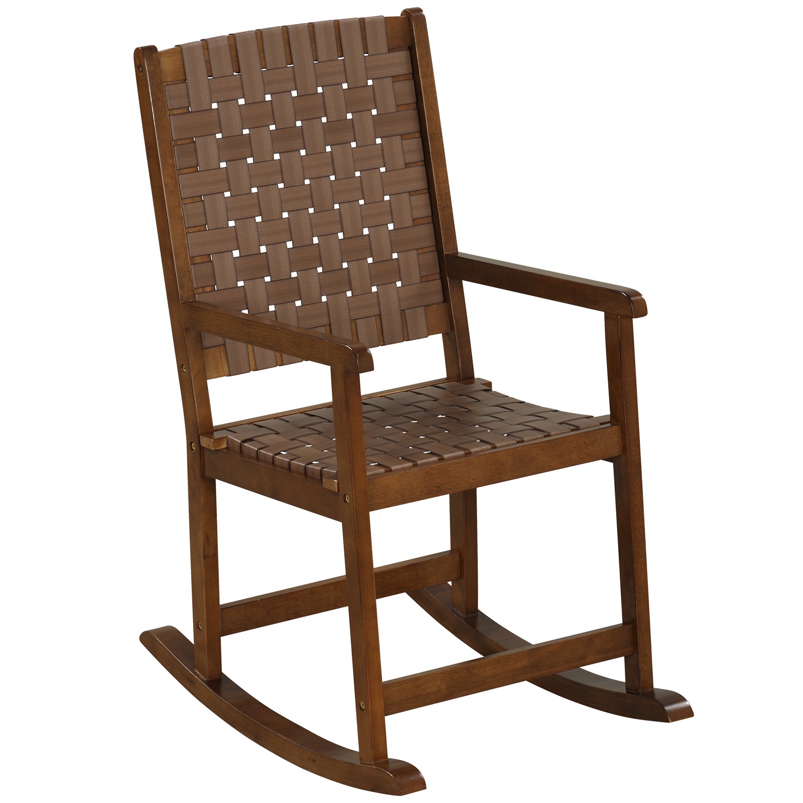 Wood Rocking Chair Indoor Outdoor Rocking Chair w/ PU Seat & Rubber Wood Frame