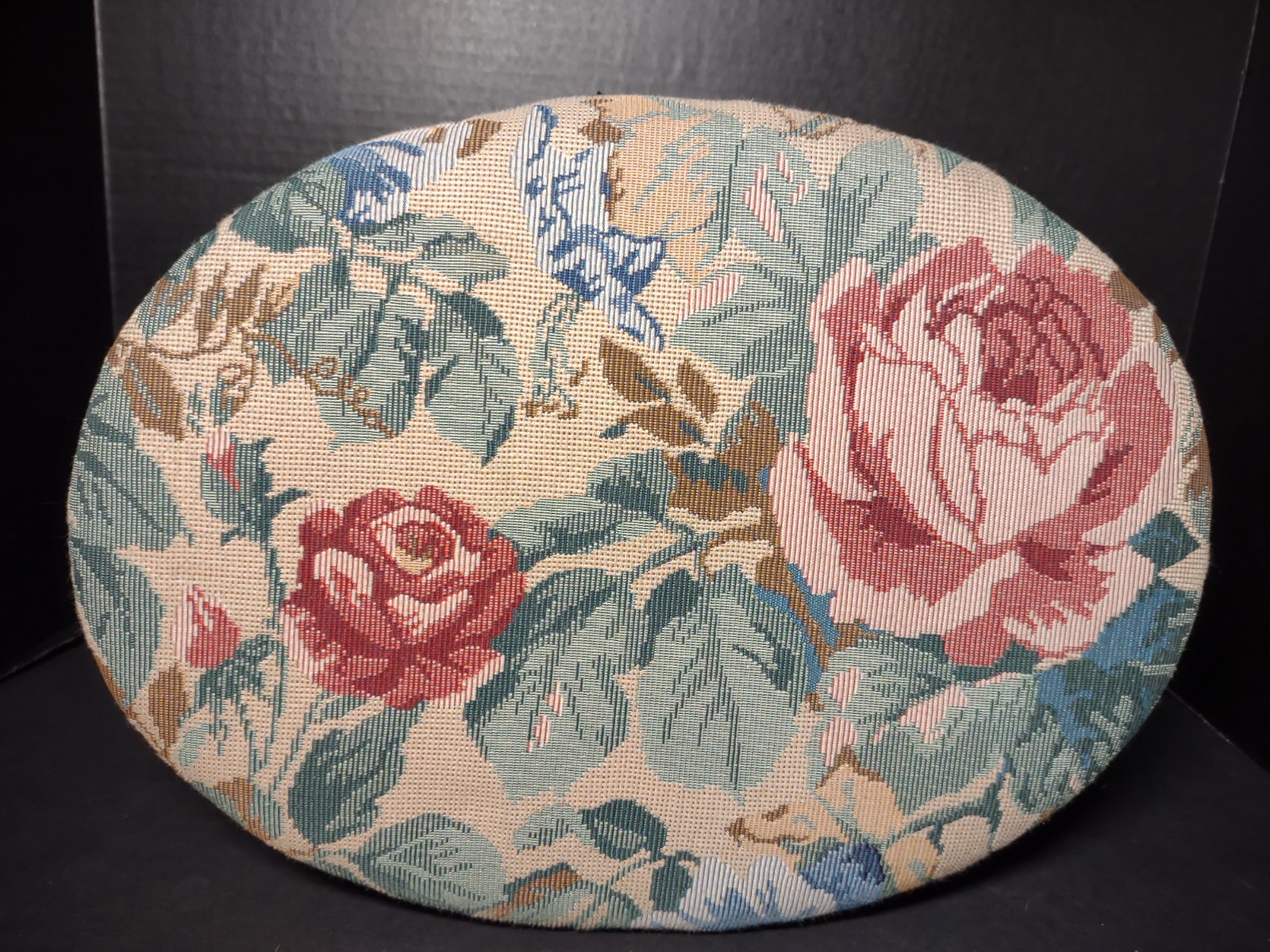 Antique Wood Ottoman Petite Point Rose Tapestry Hand Turned Legs Nails No Screw