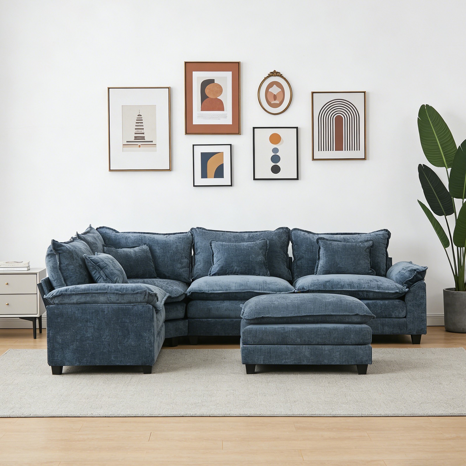 L-Shaped Sectional Sofa Corner Cloud Couch Chenille Modular Sofa w/Chaise&Pillow