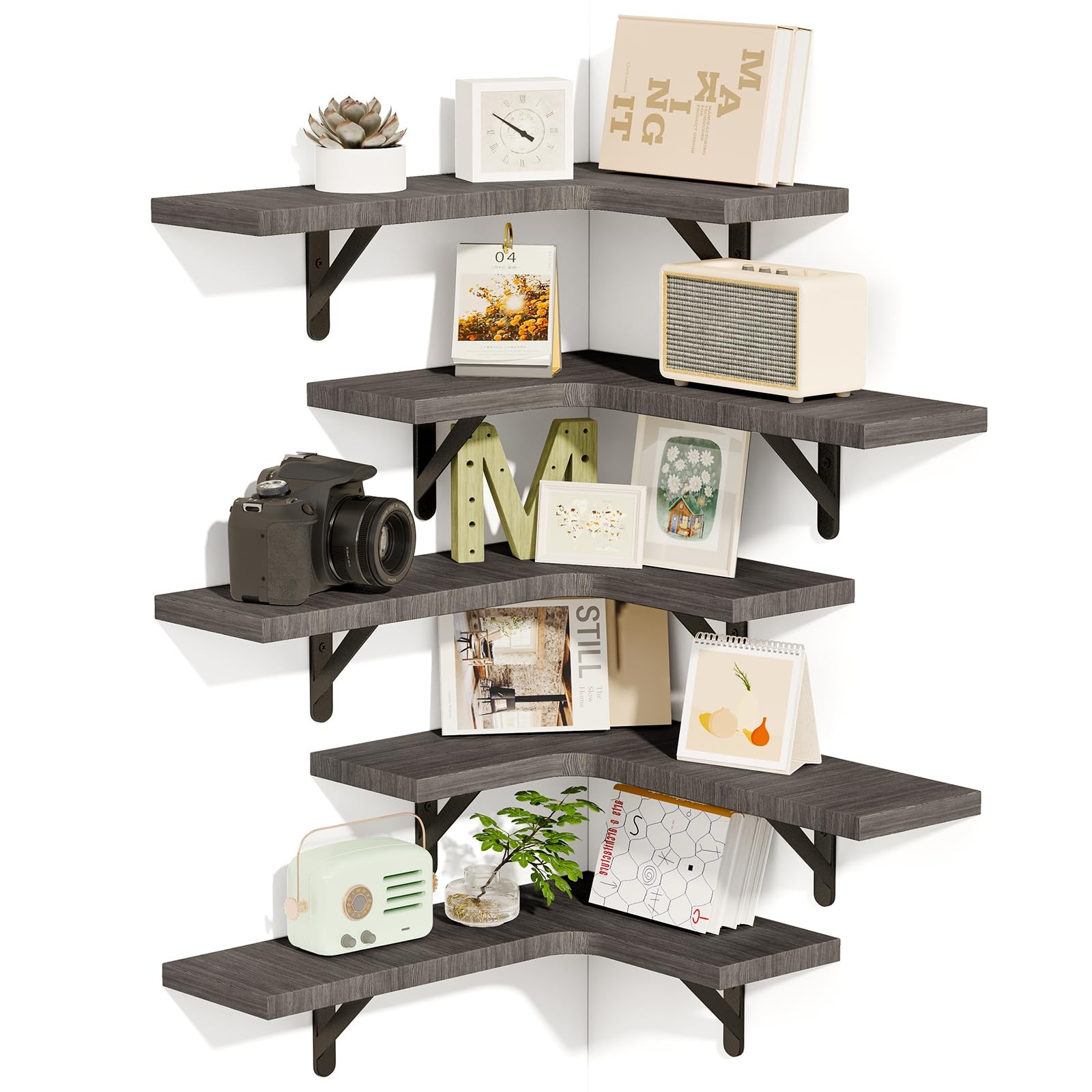Fixwal Corner Floating Shelves Set of 5, Wall Mounted Corner Shelf, Rustic Wood