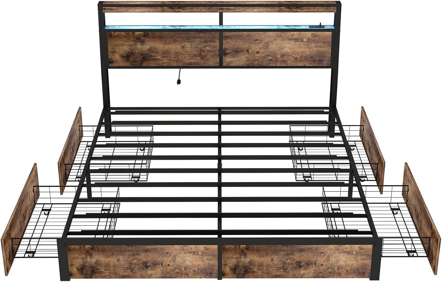 King Queen Full Metal Platform Bed Frame with LED Light, Charging ,4 Drawers