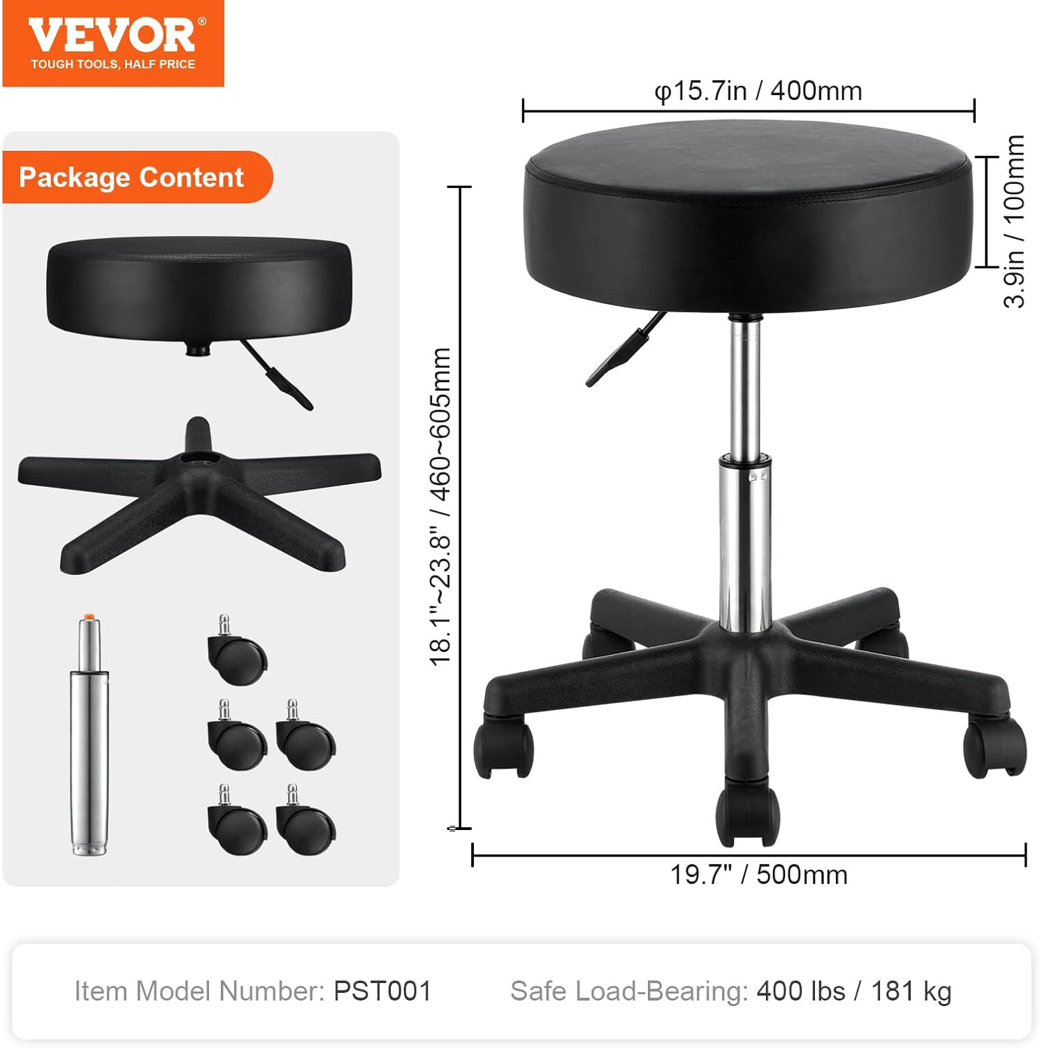 Rolling Stool with Wheels Adjustable Height Swivel Chair 400lb Capacity Black