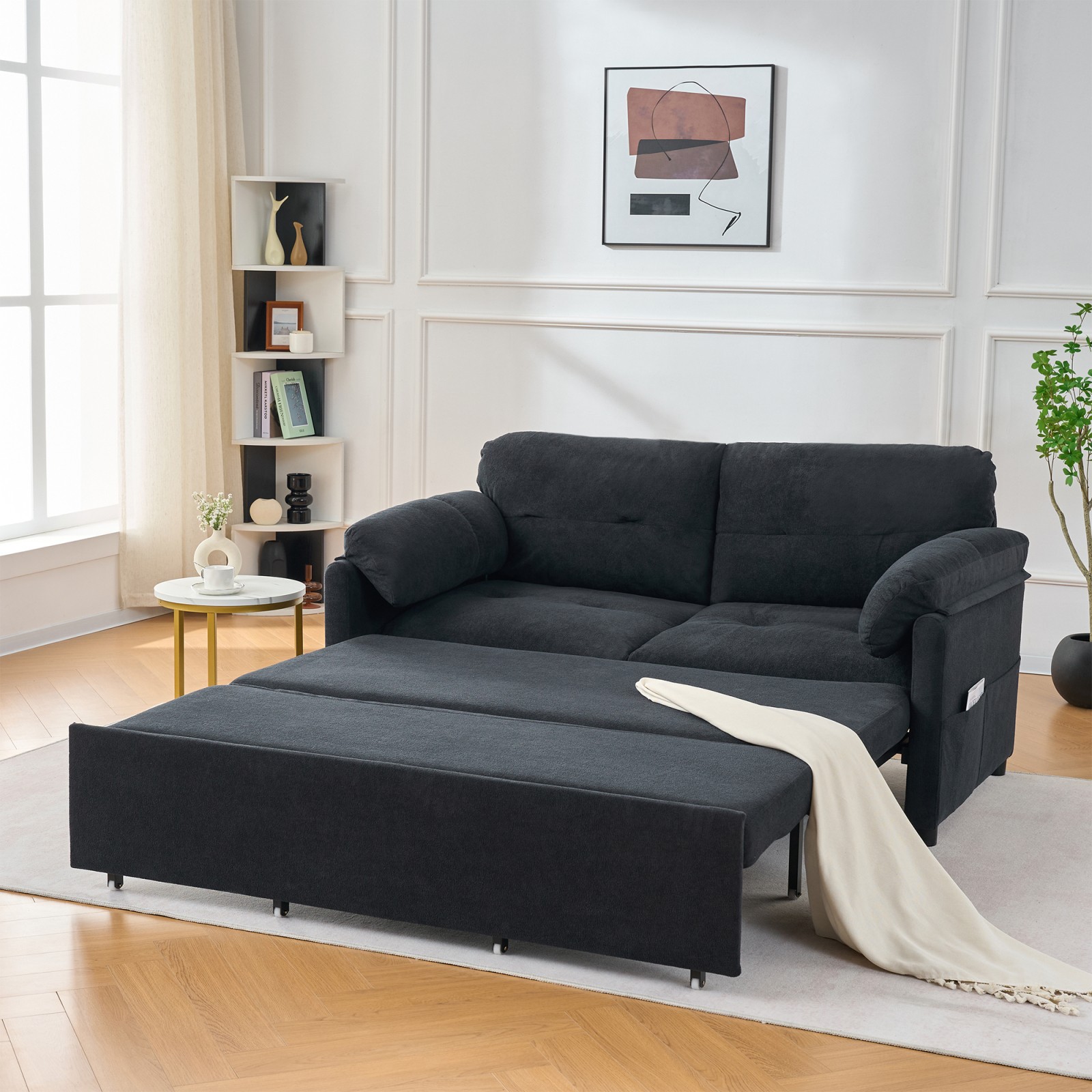 Queen Size Convertible Pull Out Sofa Bed with Storage, Black