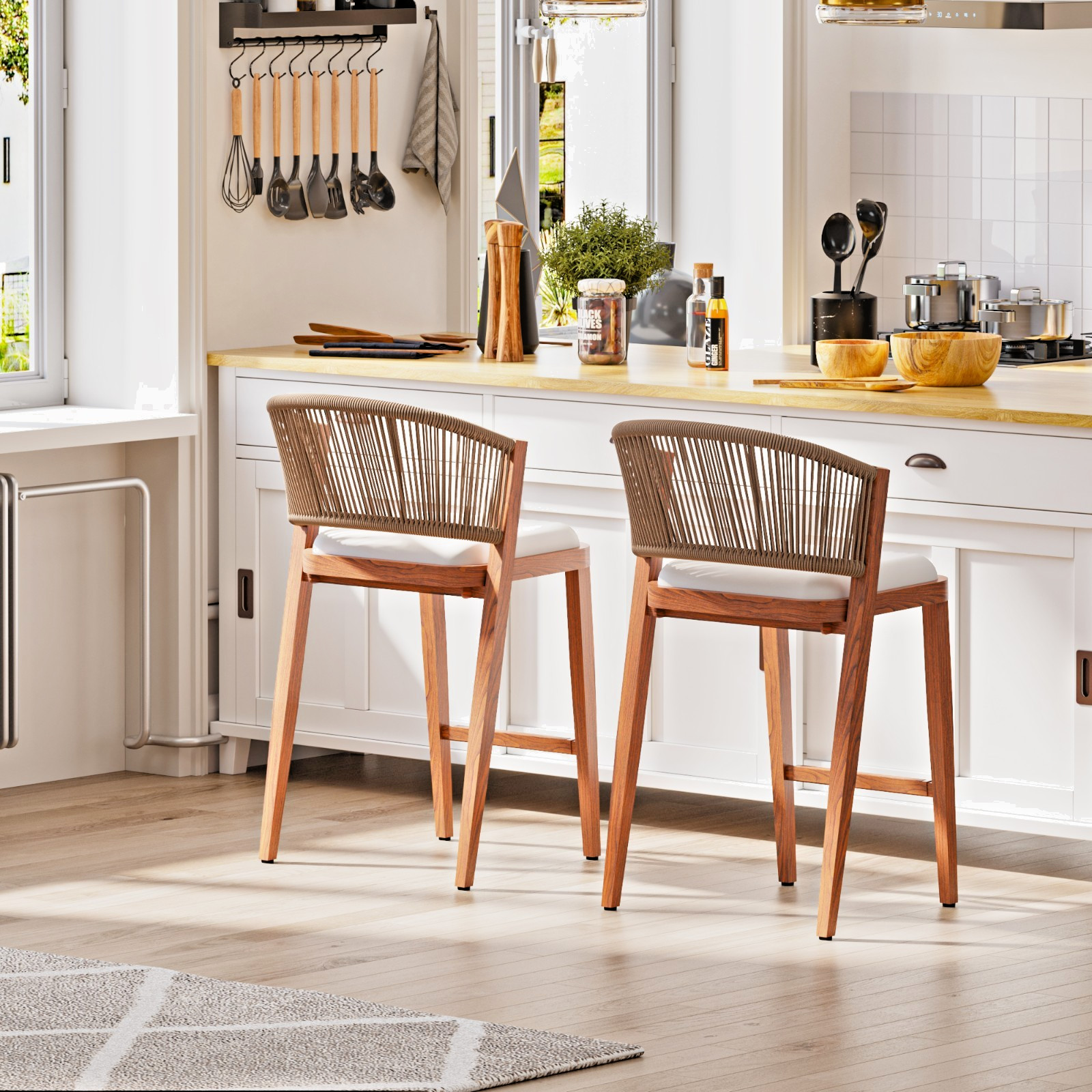 Modern Chatham Aluminum Chair Rope Bar Stools Bar Height Set of 2 for Garden